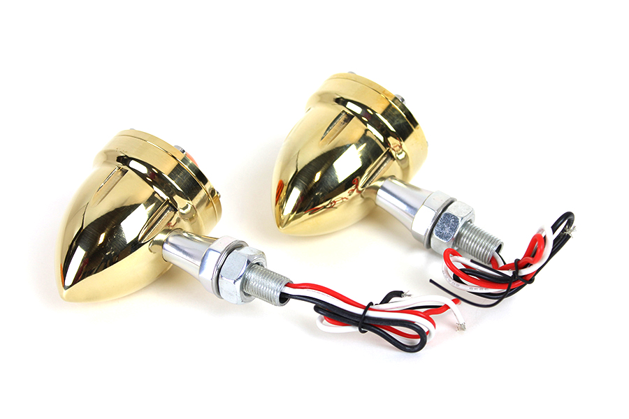 LED Bullet Turn Signal Set Brass with Red Lens