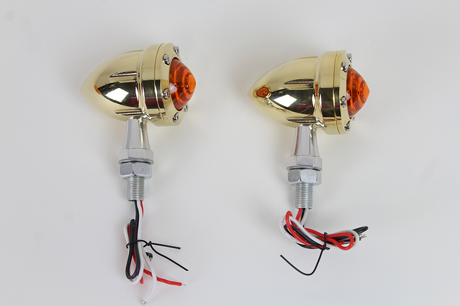LED Bullet Turn Signal Set Brass with Red Lens