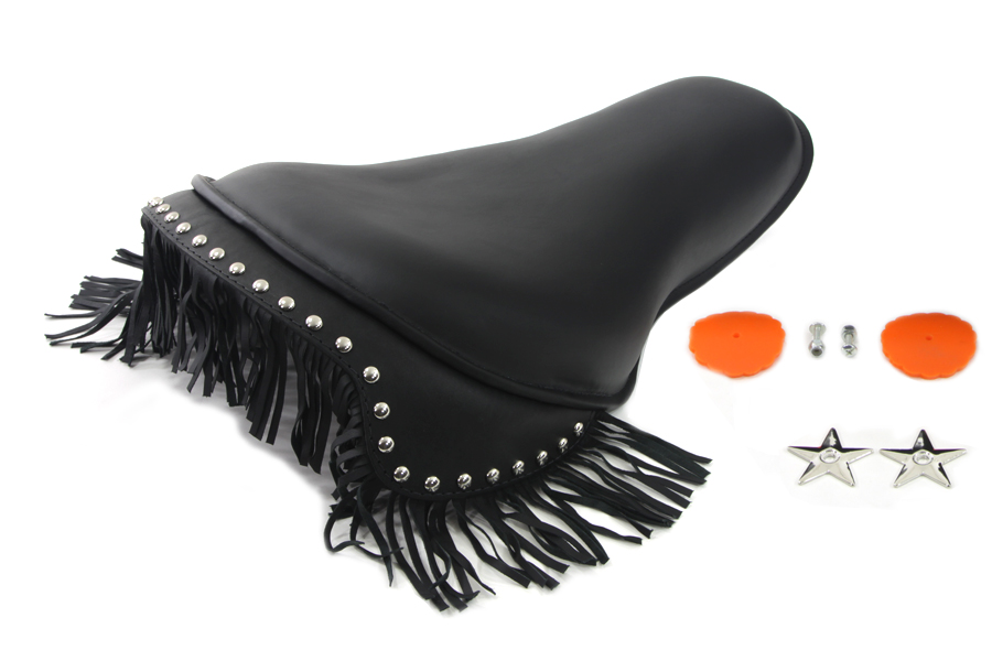 Black Leather Buddy Seat w/ Fringe Skirt for 1929-84 Big Twins
