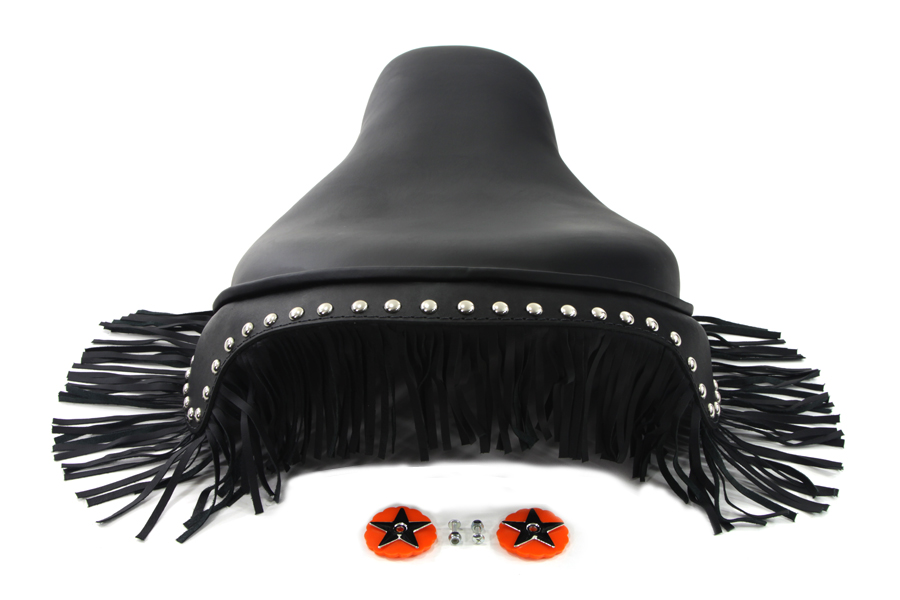 Black Leather Buddy Seat w/ Fringe Skirt for 1929-84 Big Twins