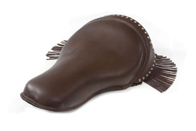Brown Leather Buddy Seat with Fringe Skirt for 1936-84 Models